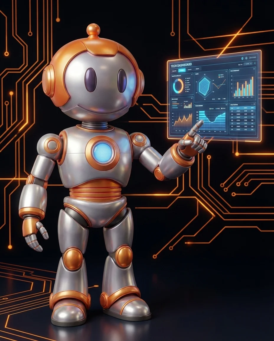 Robot zeigt auf Wenn-Dann-Flussdiagramm mit Bedingungen und automatischen Aktionen