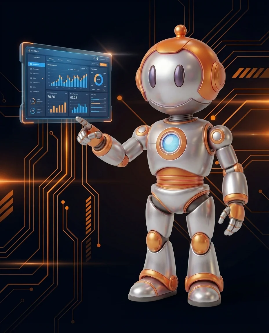 Robot zeigt auf Bounce-Rate-Diagramm mit Nutzer der eine Seite besucht und sofort verlässt