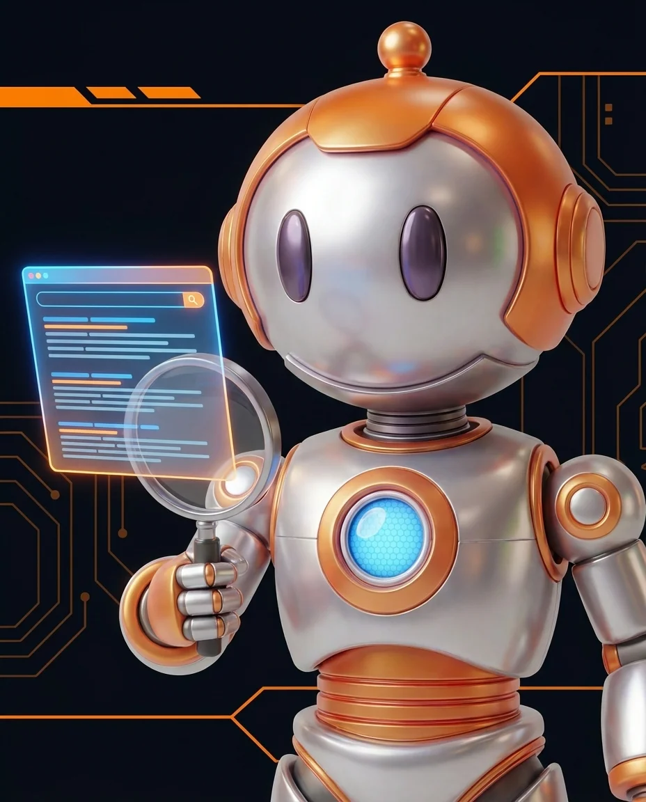 Robot zeigt auf vernetztes Diagramm mit Entitäten: Personen, Orte, Unternehmen und Konzepte