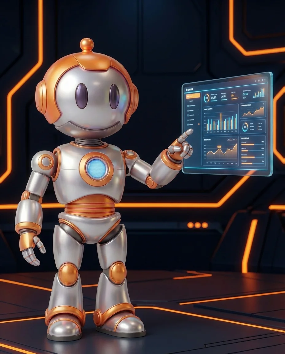 Robot zeigt auf JSON-Payload-Code mit hervorgehobenen Nutzdaten in einer API-Anfrage