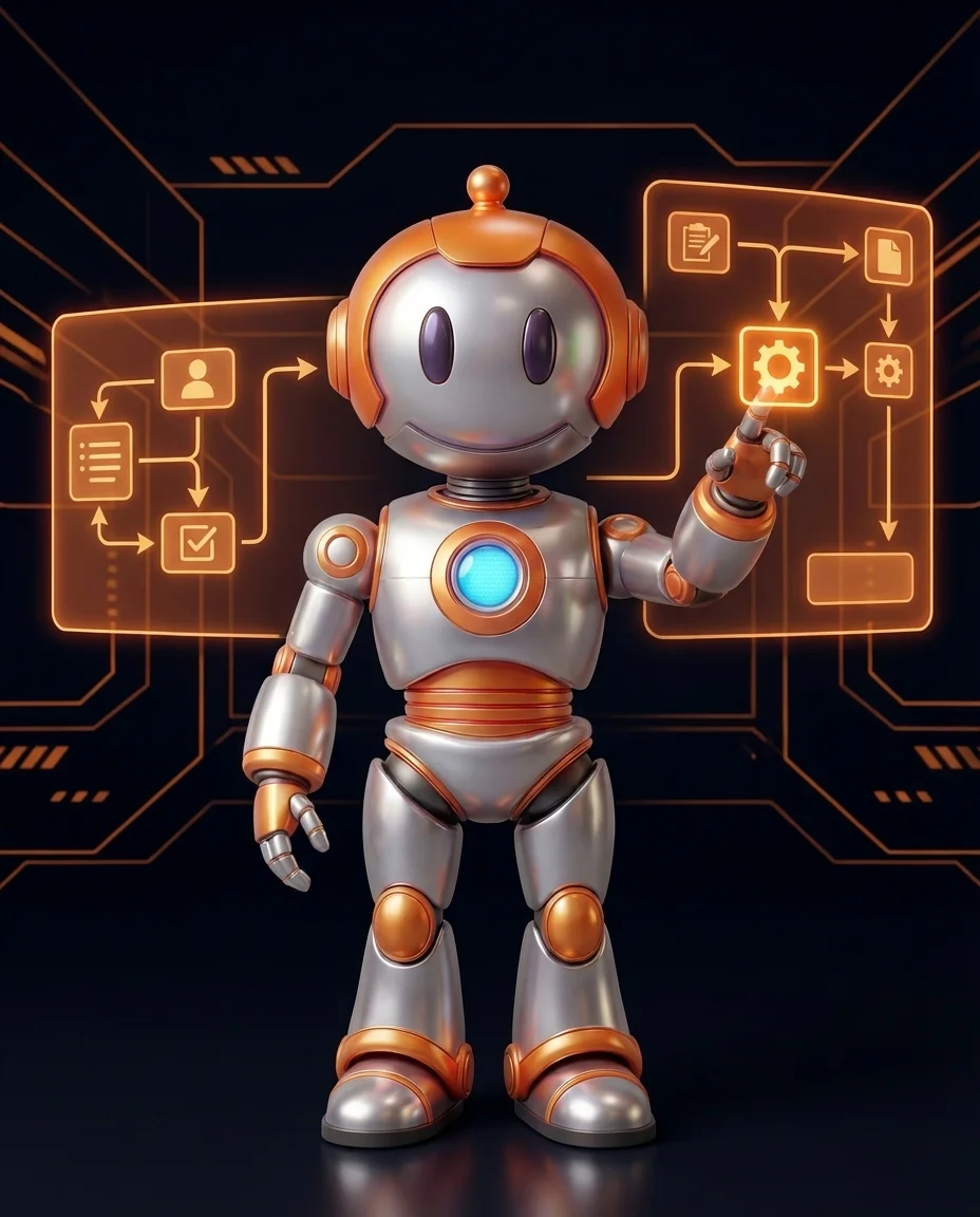 Robot zeigt auf Warteschlangen-Diagramm mit sequenziell abgearbeiteten Aufgaben