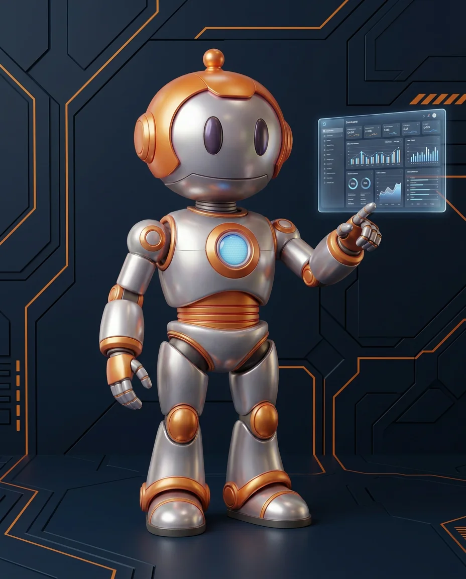 Robot zeigt auf Zustandsübergangs-Diagramm mit Bestellstatus von neu bis abgeschlossen