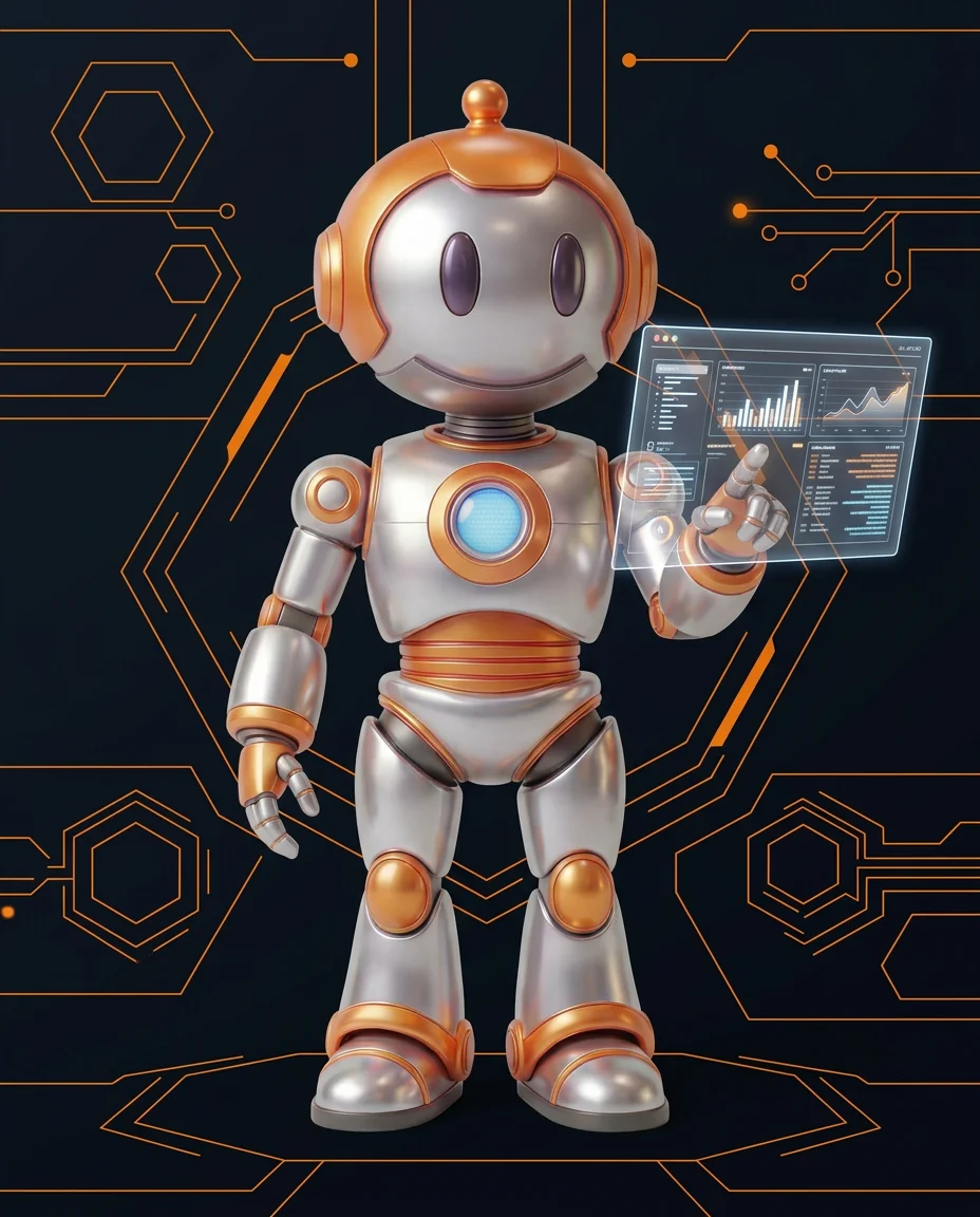 Robot zeigt auf Ereignis-Fluss-Diagramm mit Event-Bus und mehreren Subscriber-Prozessen