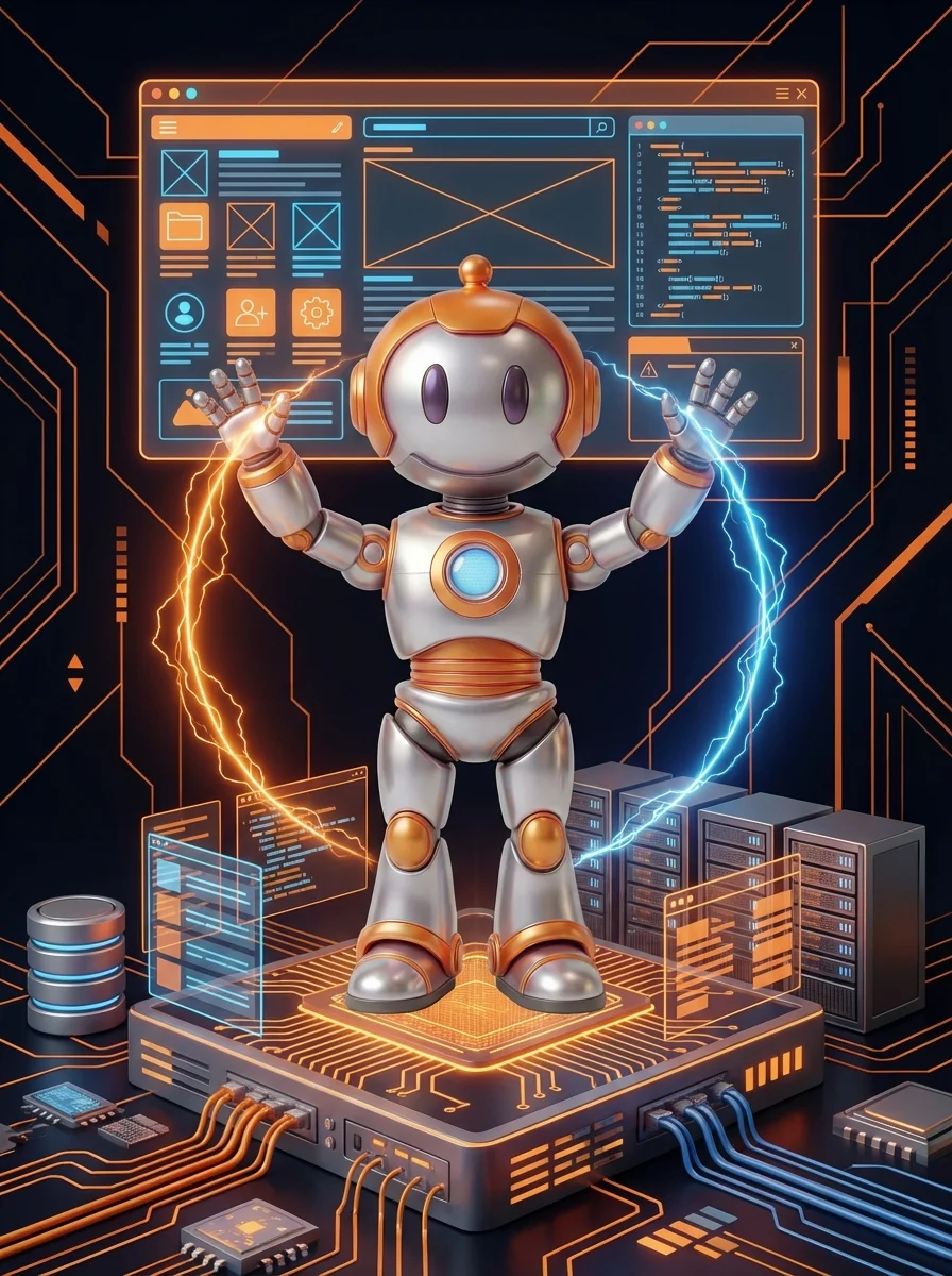 BD-Roboter erklärt Frontend-Oberfläche und Backend-Logik einer Webanwendung