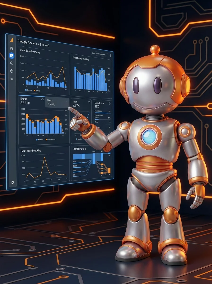 BD-Roboter analysiert GA4 Website-Daten und Nutzerverhalten in Analytics-Dashboard