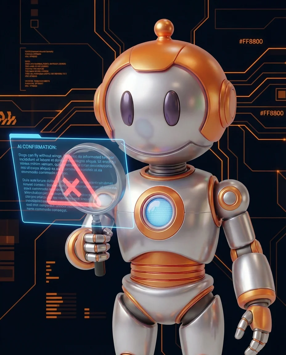 BD-Roboter steht vor falscher KI-Ausgabe mit Warnzeichen und prüft sie kritisch
