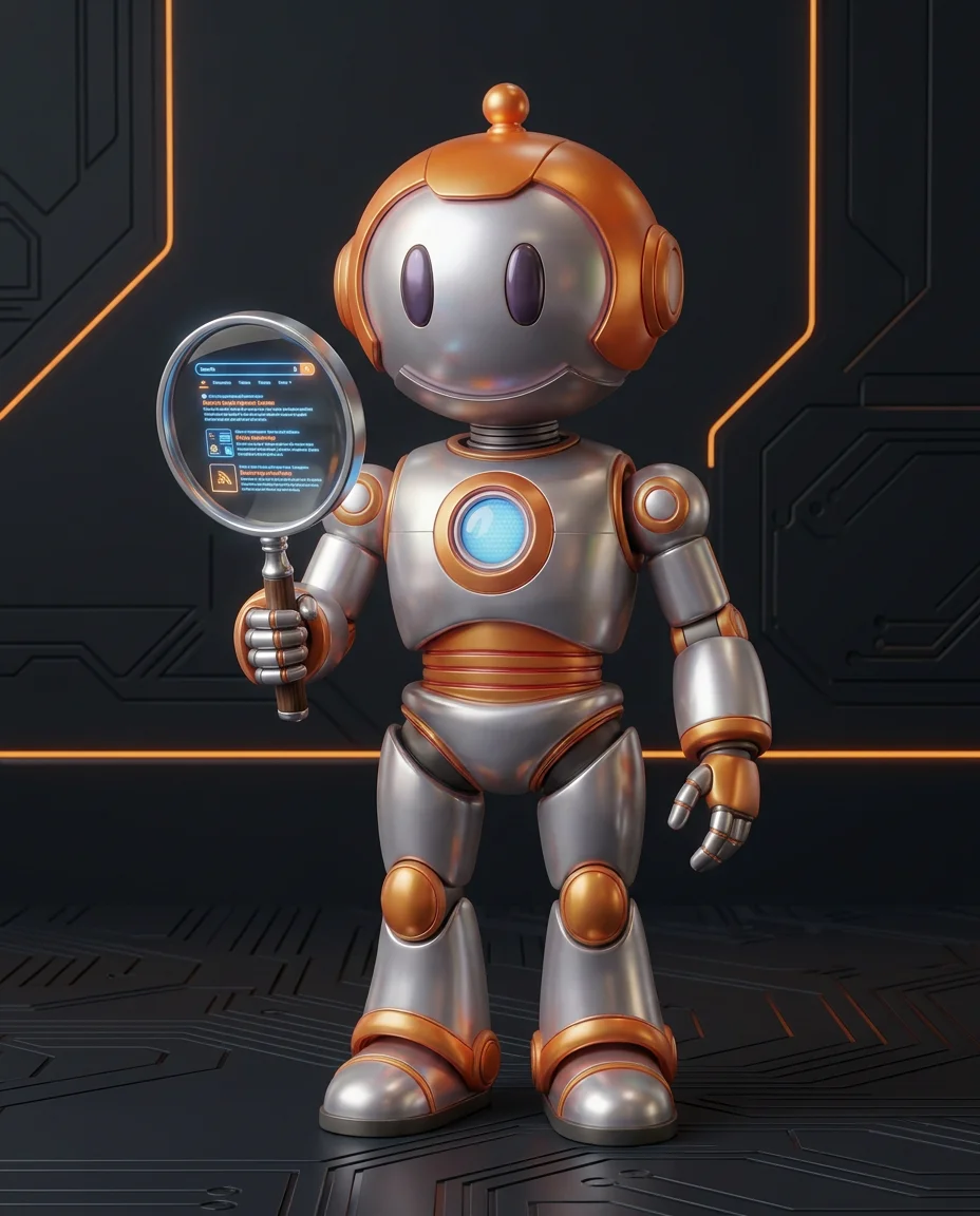 Robot zeigt auf überfüllten Index mit vielen wertlosen Seiten und Qualitätsverlust-Diagramm