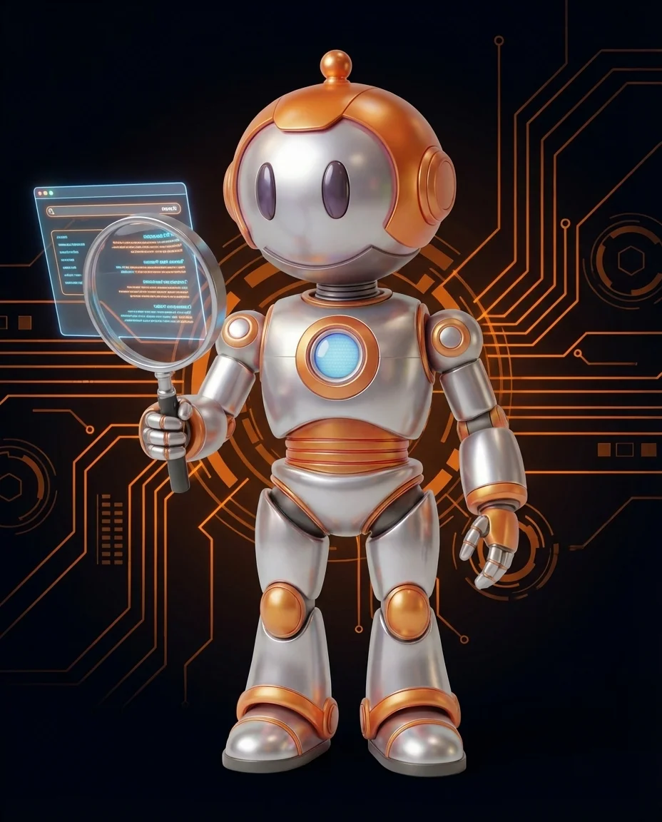 Robot hält Lupe und zeigt auf Suchindex-Diagramm mit Webseiten