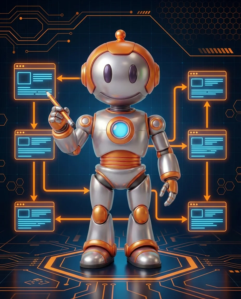 BD-Roboter verbindet Website-Seiten mit leuchtenden internen Link-Pfeilen