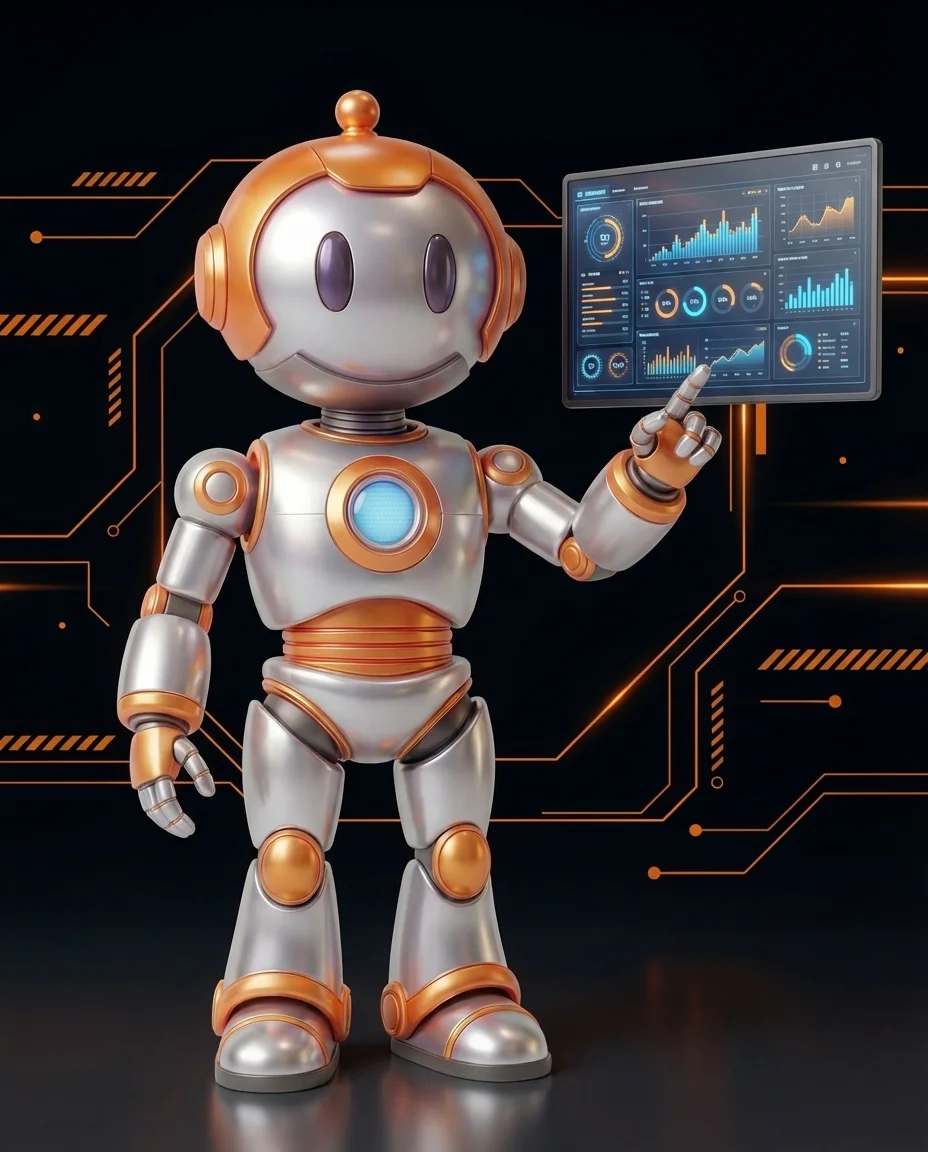 Robot zeigt auf strukturierten JSON-Code auf Laptop-Bildschirm mit hervorgehobenen Schlüssel-Wert-Paaren