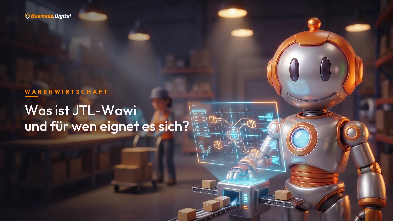 Roboter an einem Rechner-Turm mit Bestandsraster und Packstraße – JTL-Wawi als Warenwirtschaft