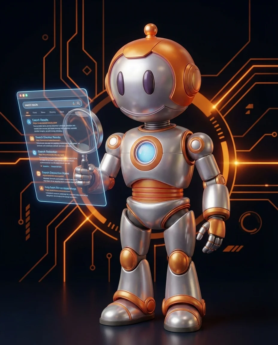 Robot zeigt auf Diagramm mit Keyword-Häufigkeitsmessung und SEO-Textanalyse