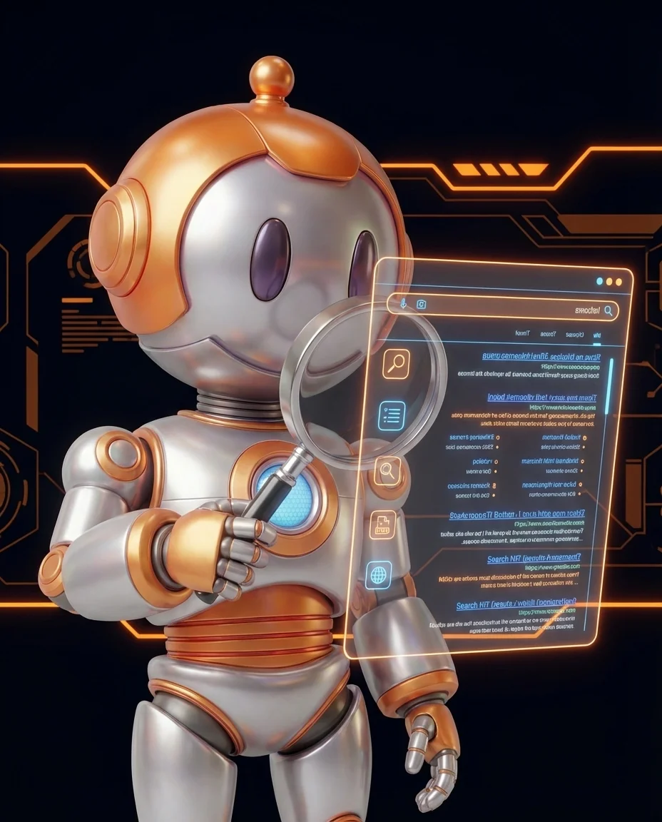 Robot zeigt auf Text mit rot markierten übermäßig wiederholten Keywords als Spam-Beispiel