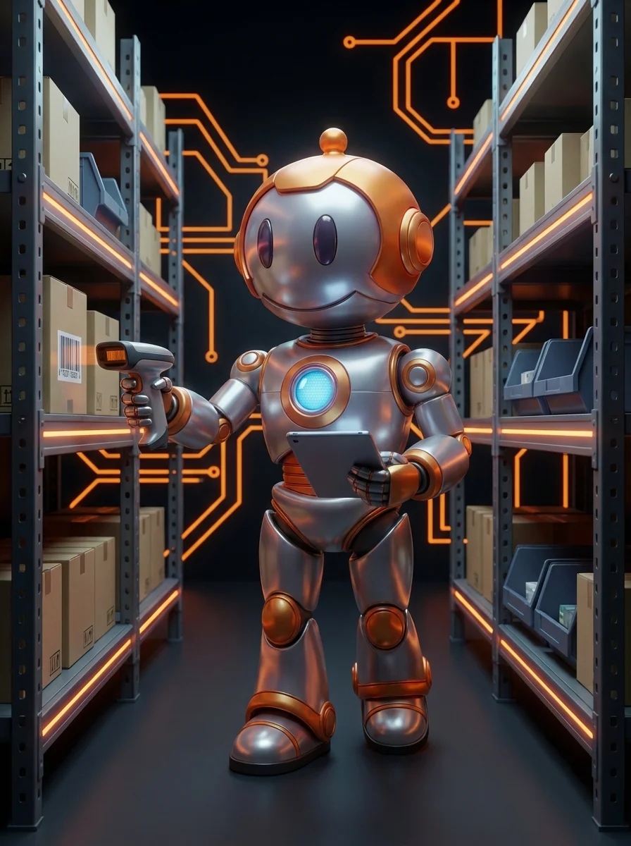 BD-Roboter führt Kommissionierung mit Pickliste und Scanner im Lager durch