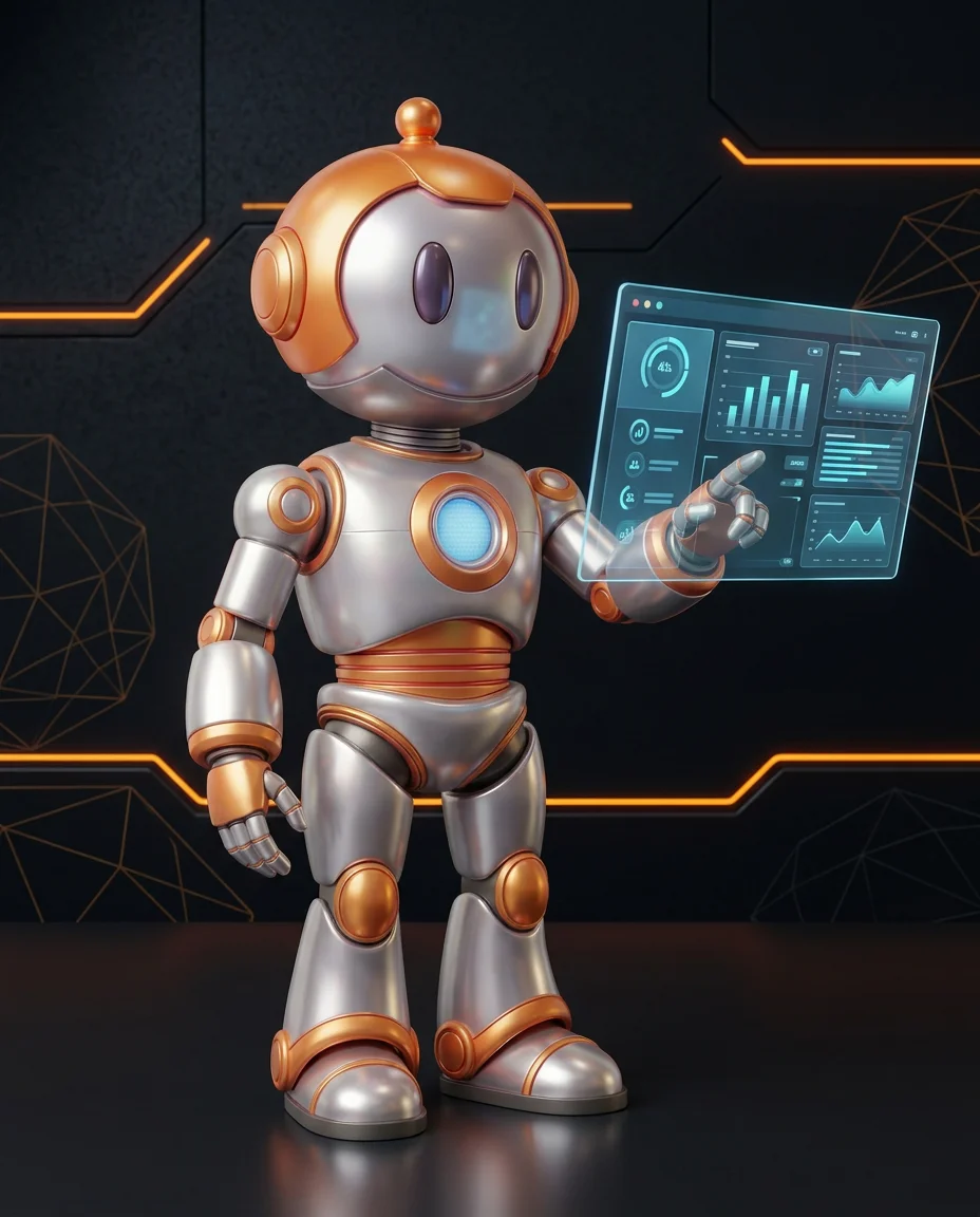 Robot analysiert Log-Dateien auf Laptop-Bildschirm mit Zeitstempel und Fehlermeldungen