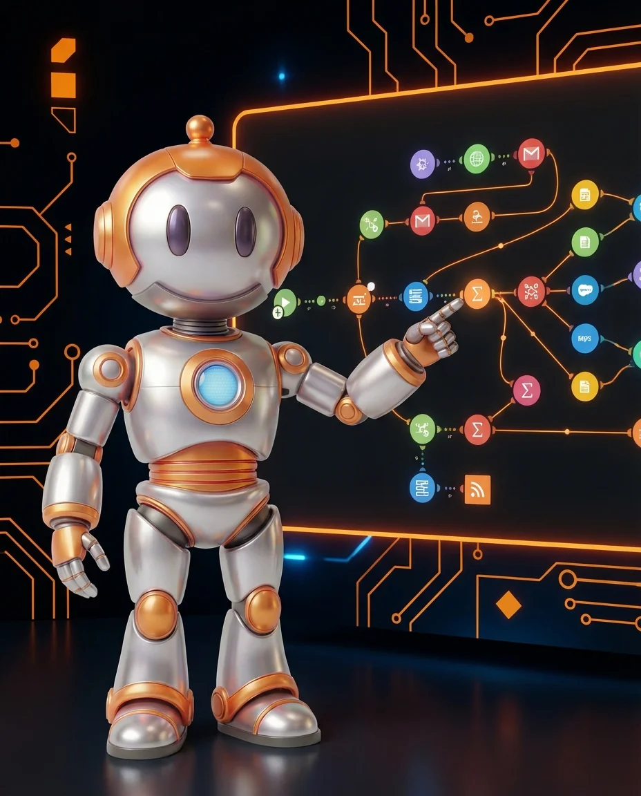 BD-Roboter baut Make-Workflow mit verbundenen App-Modulen auf Bildschirm