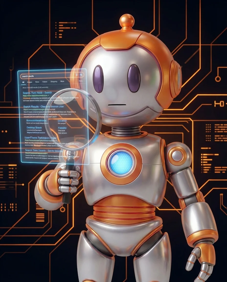 Robot zeigt auf hervorgehobenen Textabschnitt in langem Artikel mit Suchergebnis-Darstellung