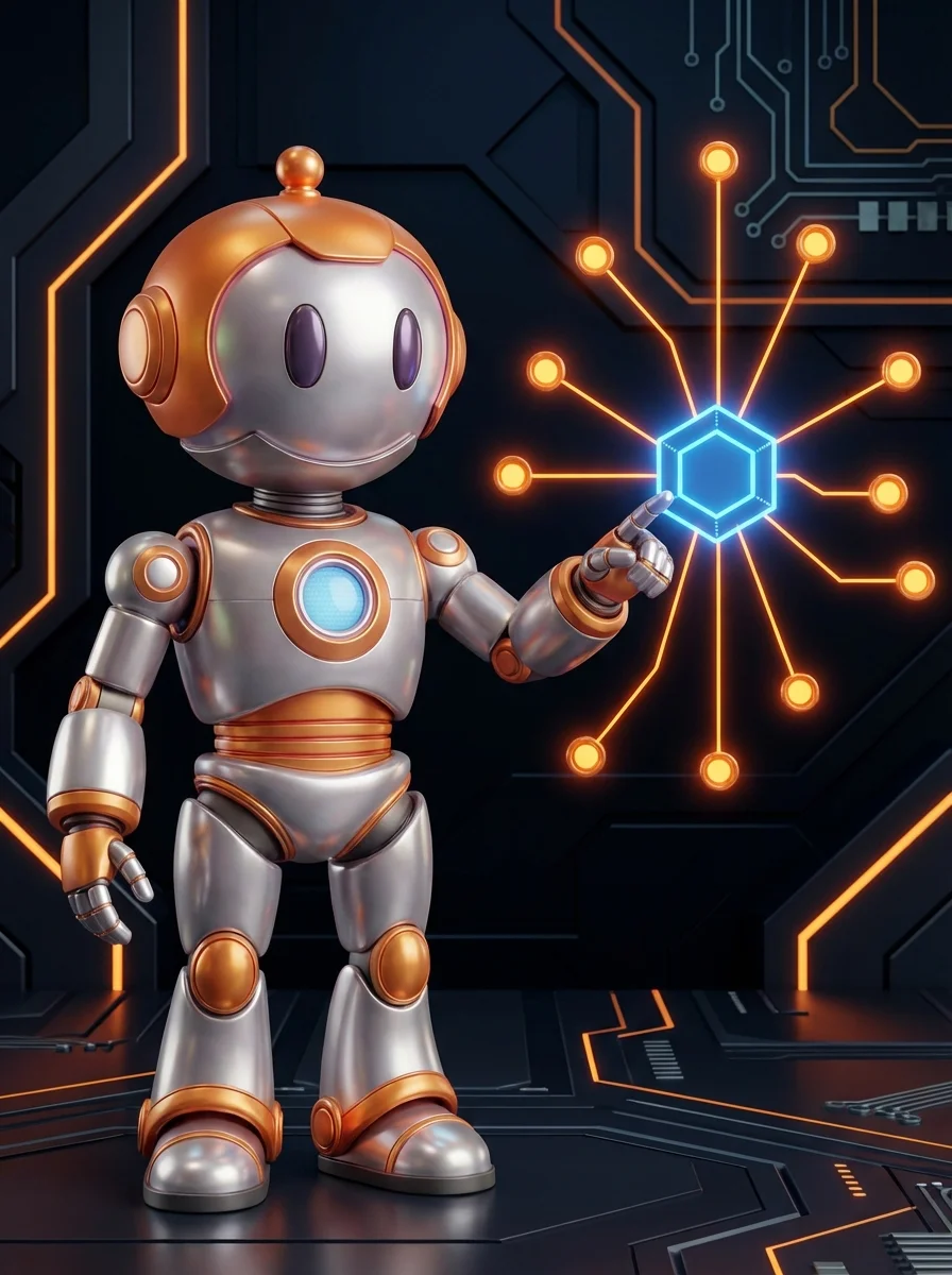 BD-Roboter zeigt Themencluster-Struktur mit Pillar-Seite und verlinkten Cluster-Seiten