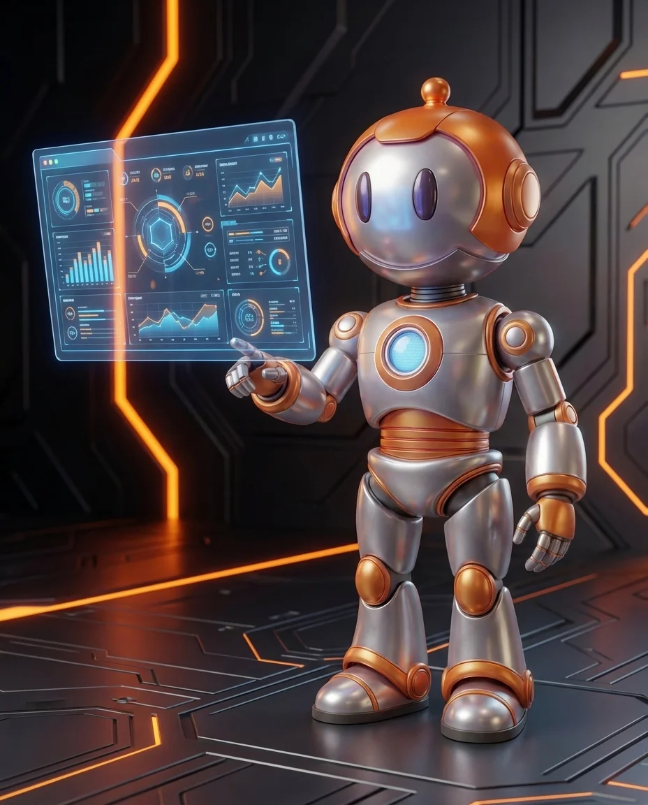 Robot zeigt auf Journey von Suchanfrage über Snippet bis zu Website-Erlebnis