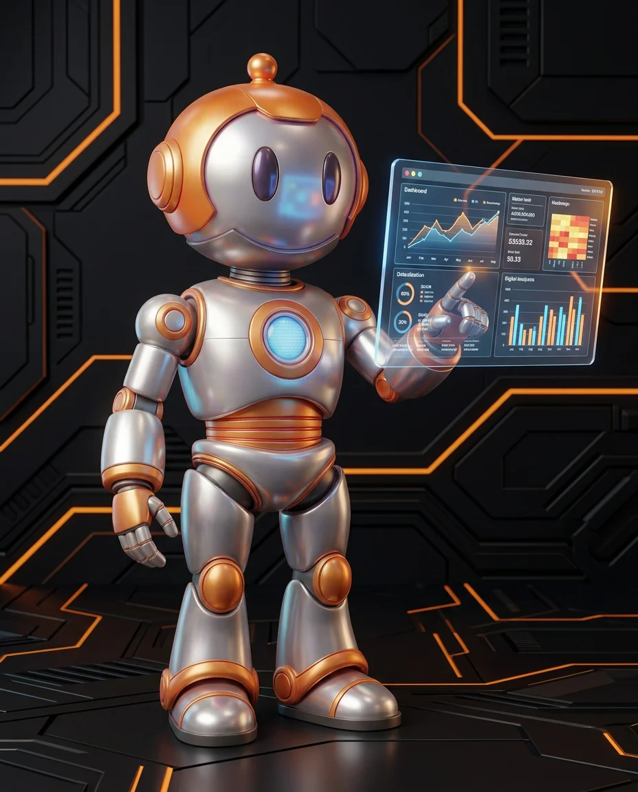 Robot zeigt auf Themencluster-Diagramm mit zentralem Hub und verbundenen Subtopics