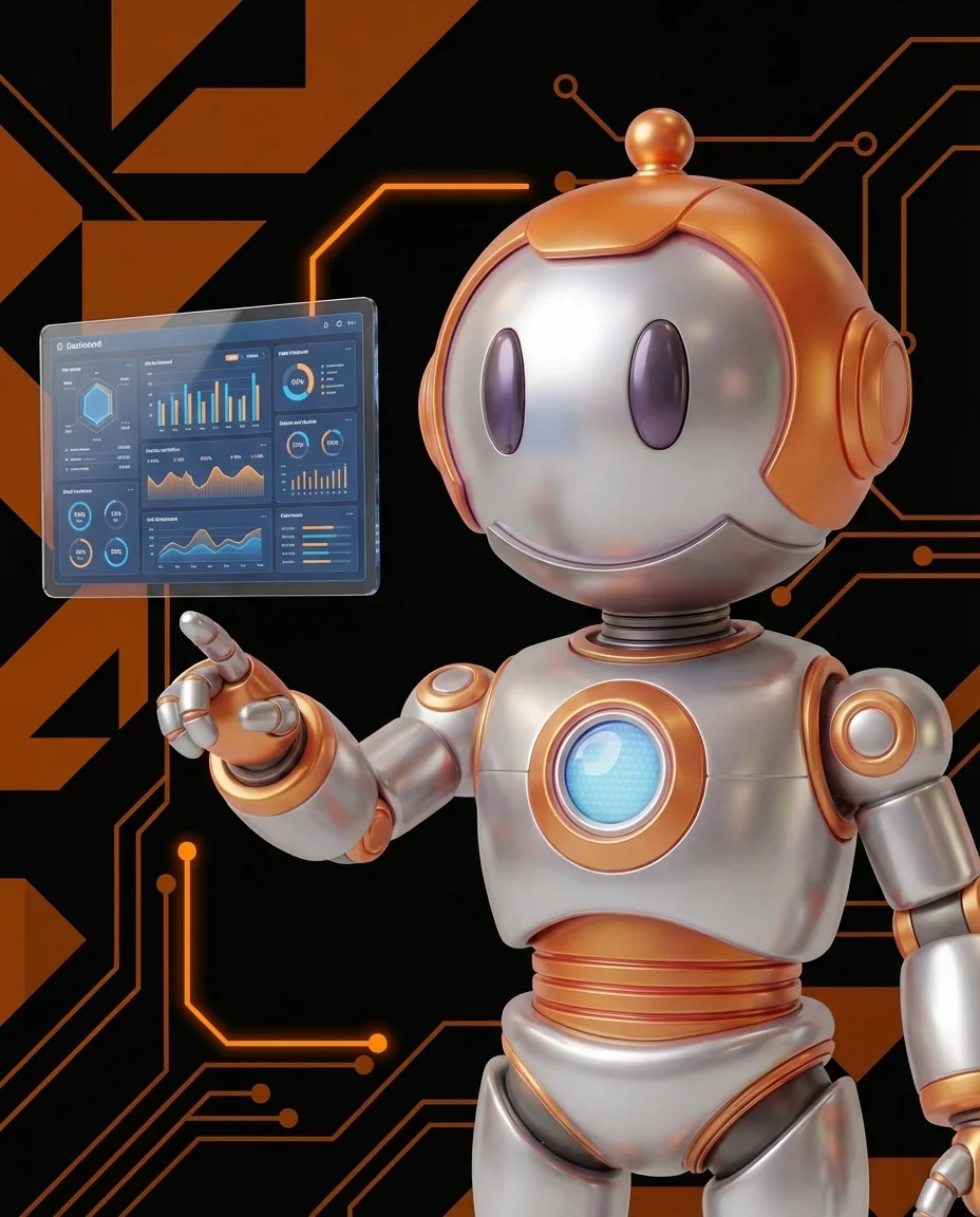 Robot zeigt auf URL-Konsolidierungsdiagramm mit mehreren Varianten und einer kanonischen URL