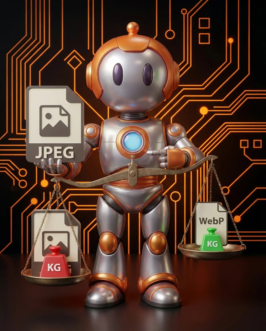 BD-Roboter vergleicht WebP und JPEG Bildformate mit Dateigrößen