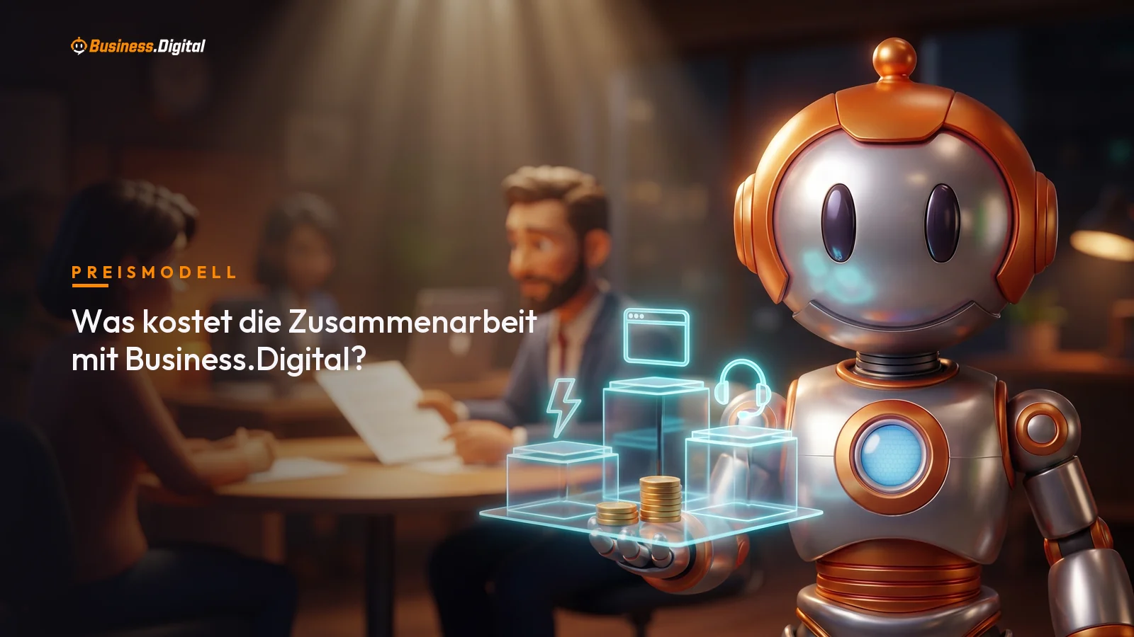 Roboter zeigt drei aufsteigende Preisstufen – Kosten der Zusammenarbeit mit Business.Digital