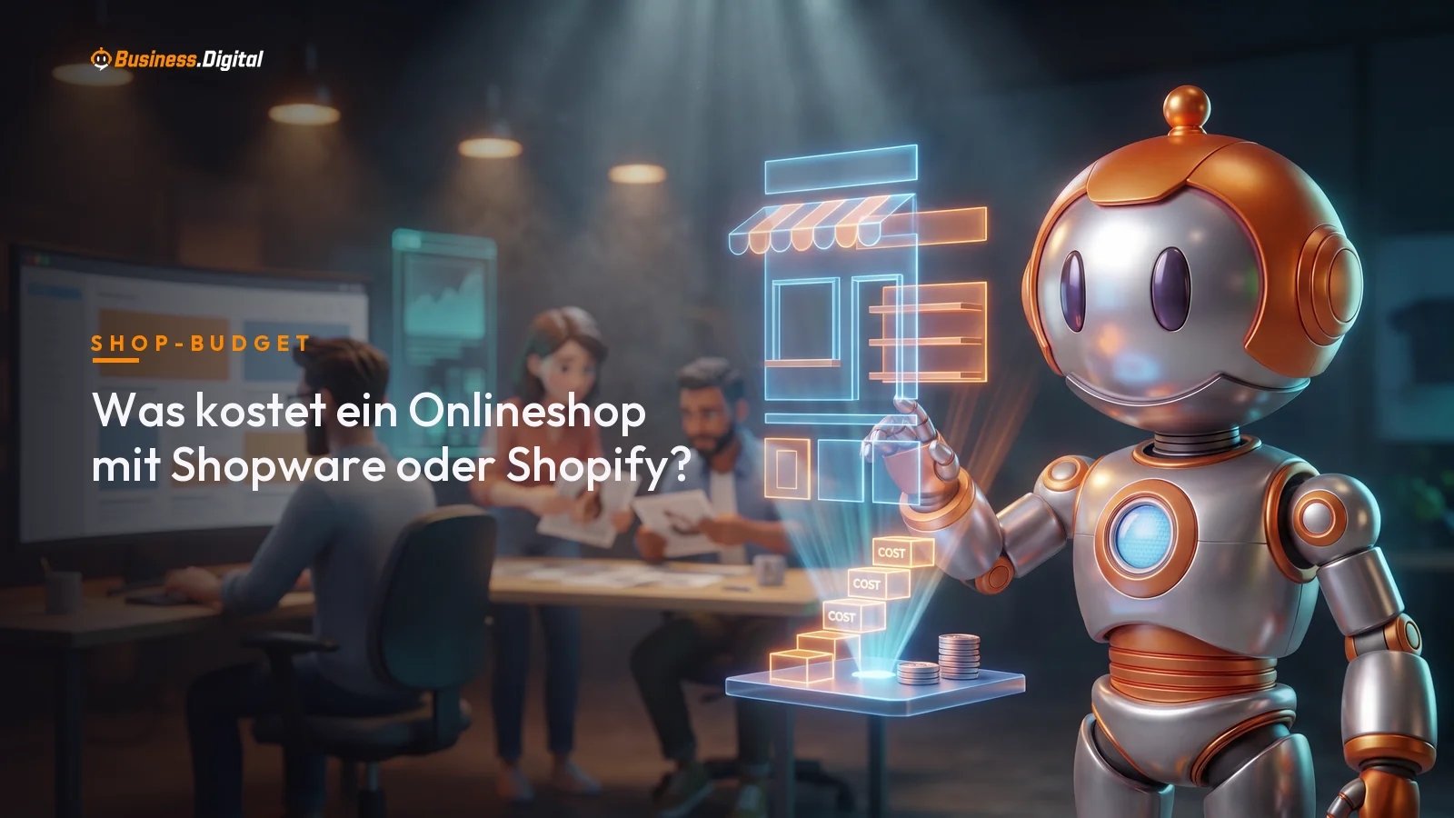 Roboter vor einem sich aufbauenden Shop-Schaufenster mit Kostenstufen – was ein Onlineshop kostet