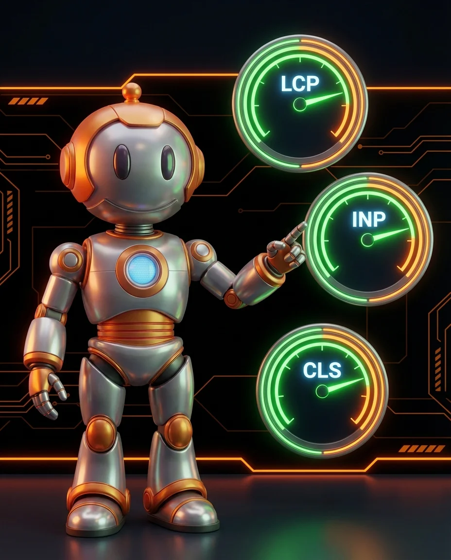 BD-Roboter zeigt Core Web Vitals Metriken LCP INP und CLS auf Dashboard