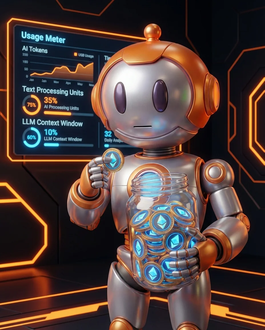 BD-Roboter hält Token-Einheiten und erklärt KI-Abrechnungsmodell