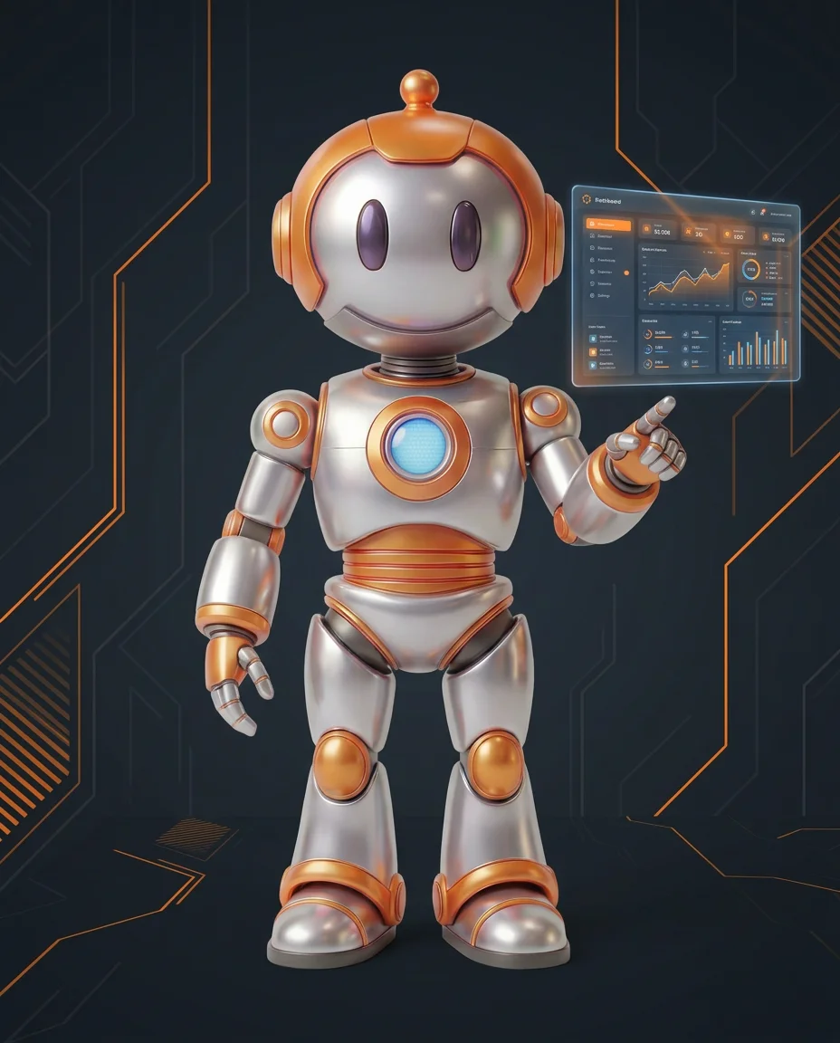 Robot zeigt auf Server-Rack mit Verbindungslinien zum Internet