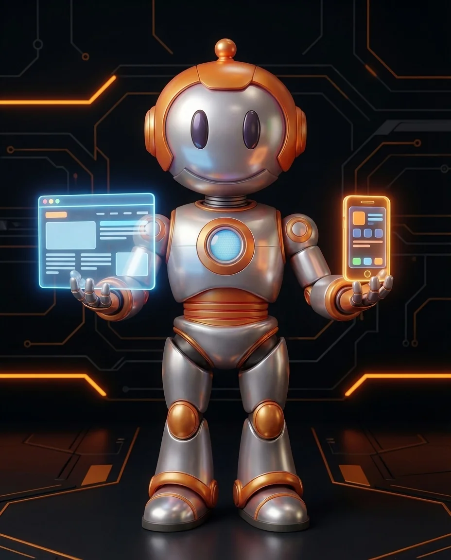 Roboter vergleicht Webanwendung im Browser mit nativer App auf Smartphone