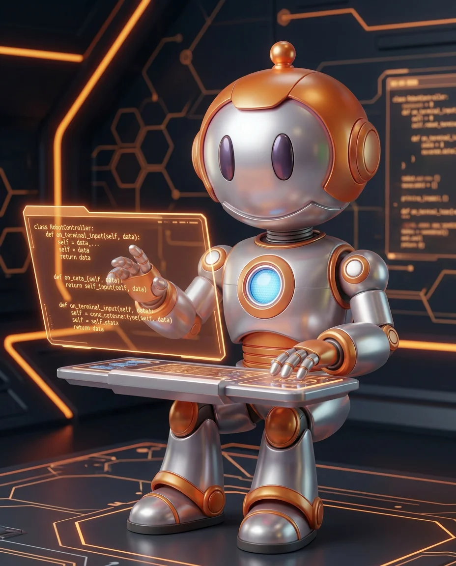 Robot erklärt Framework-Konzept in der Webentwicklung