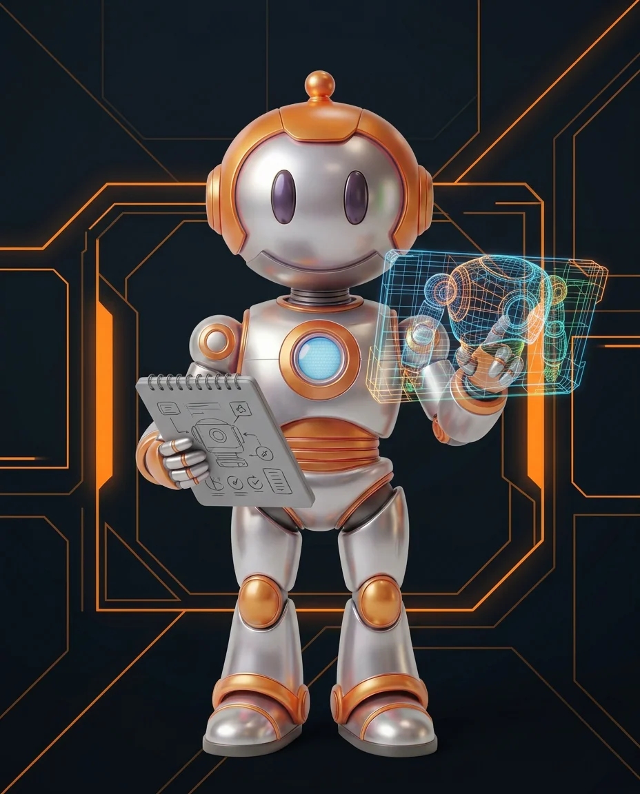 Robot hält Laptop und zeigt auf drag-and-drop Website-Builder-Interface