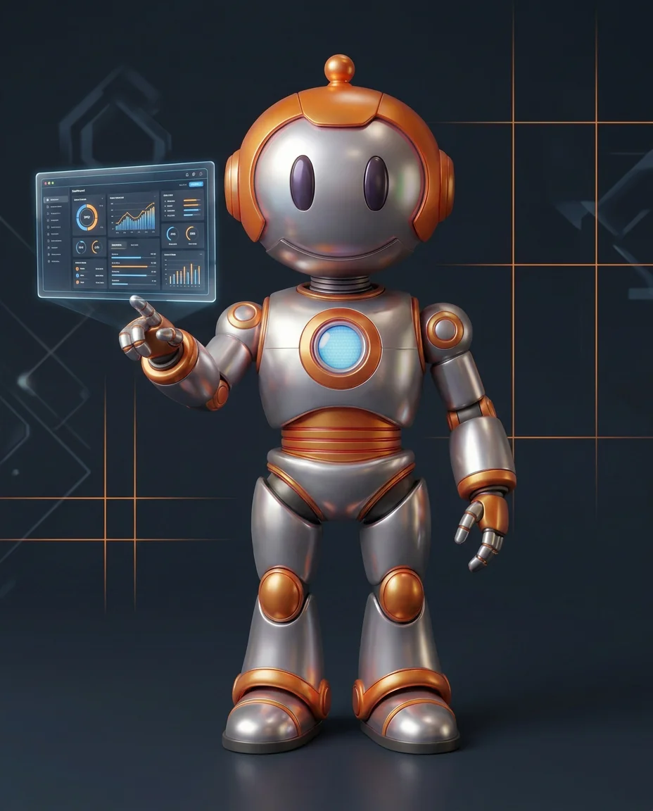 Robot hält Farbpalette mit verschiedenen Schriftzeichen als Typografie-Darstellung