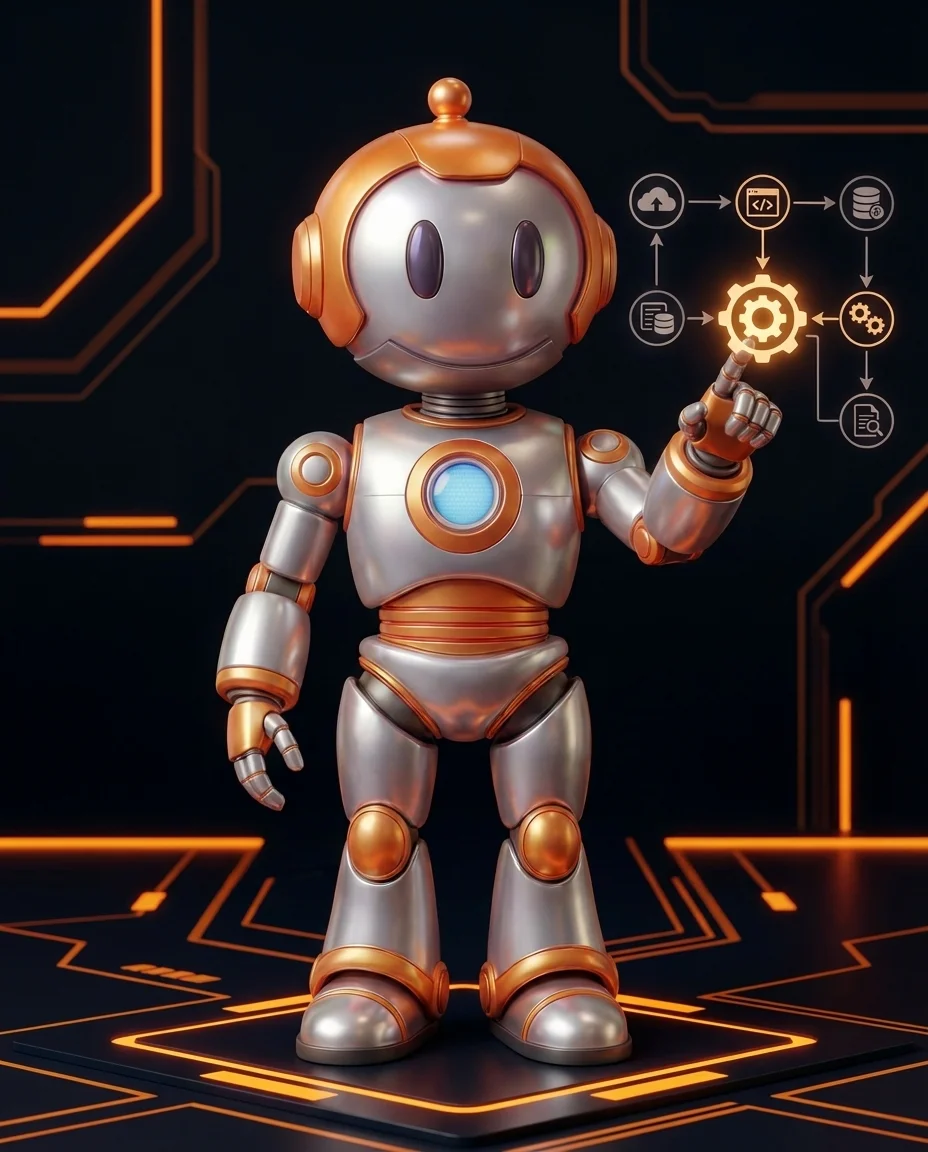 Robot hält leuchtendes Signal-Symbol das von einem System zum anderen gesendet wird