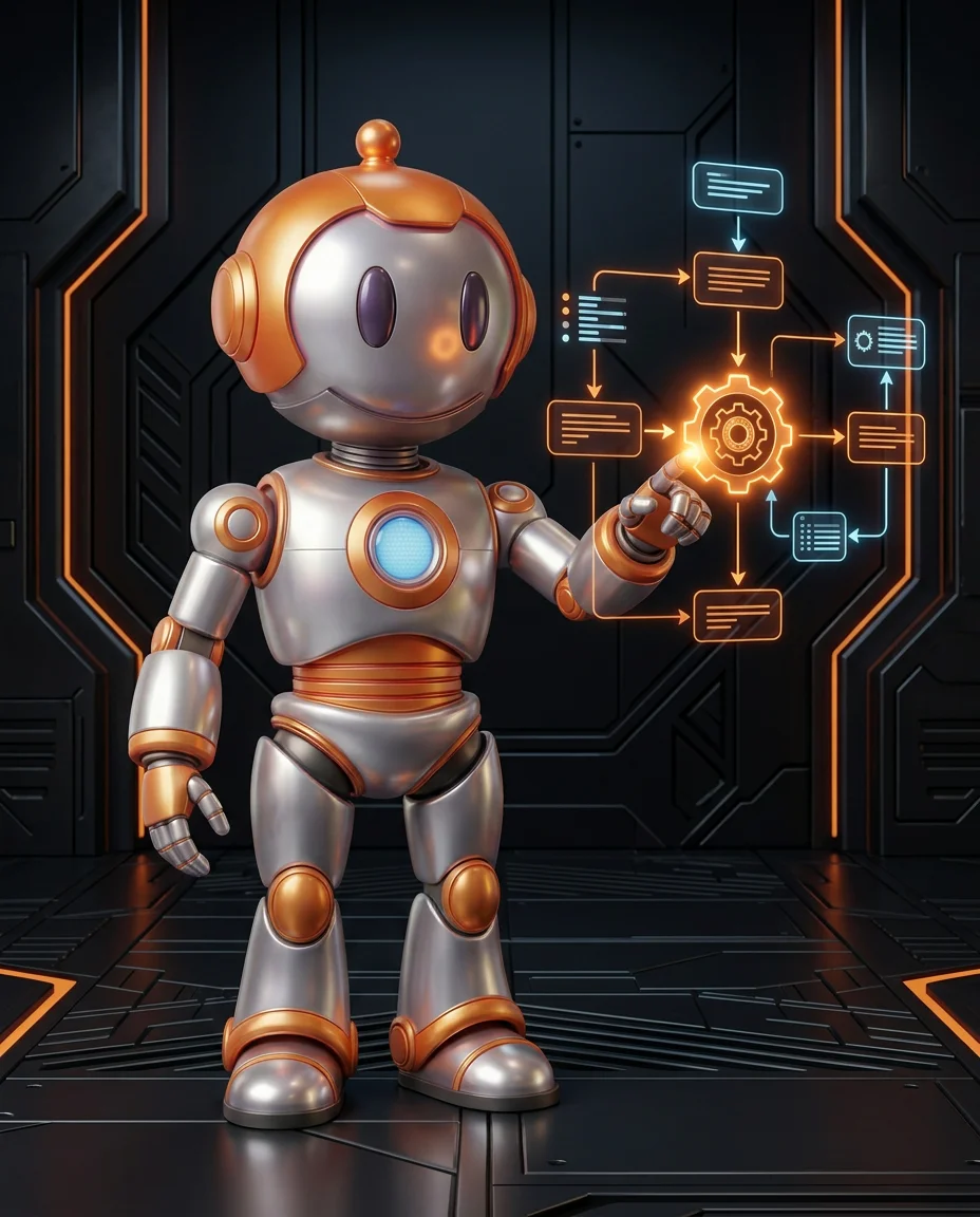 Robot tippt auf Tastatur mit eingehendem Signalpfeil und Verarbeitungsschritten als Webhook-Darstellung