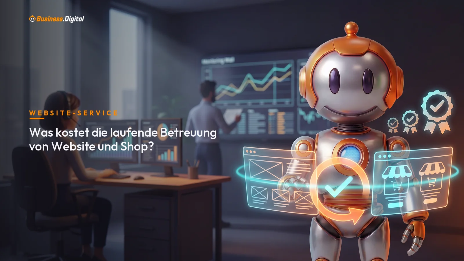 Roboter führt einen Kreislaufpfeil um Website- und Shop-Panel – laufende Betreuung im Monat