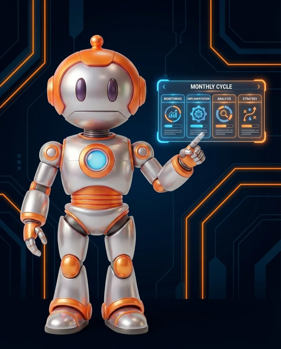 Roboter plant monatlichen Betreuungszyklus mit Kalender und Analyse-Dashboard