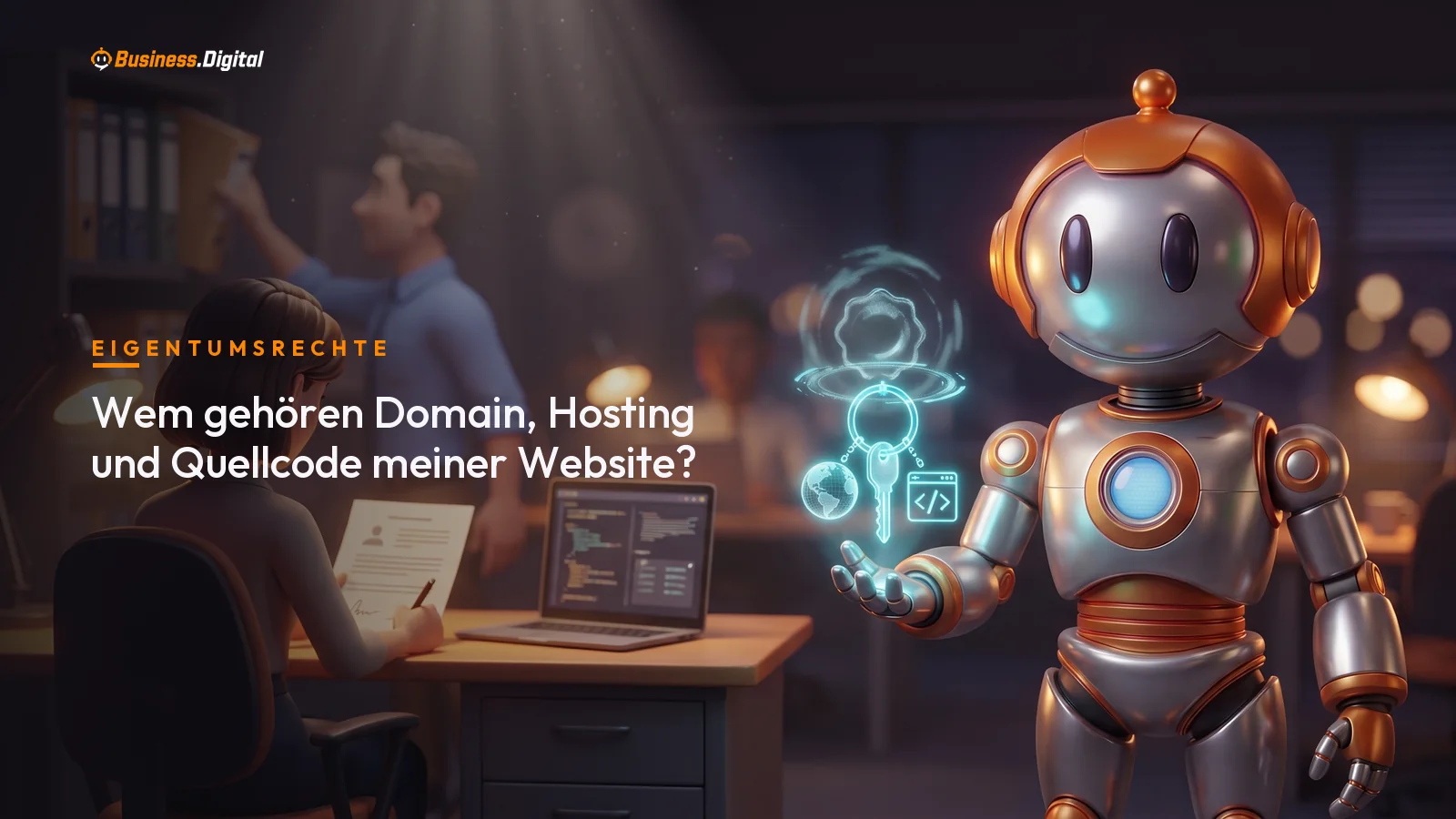 Roboter reicht Schlüsselring mit Globus, Server und Code-Symbol – Eigentum an Domain und Quellcode