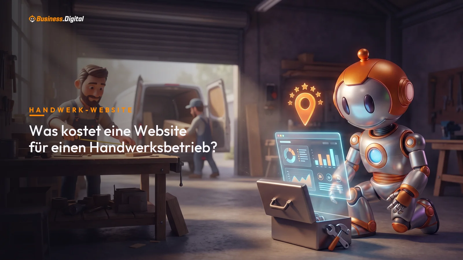 Roboter neben Website-Panel auf einem Werkzeugkasten mit Kartennadel – Website für Handwerksbetrieb