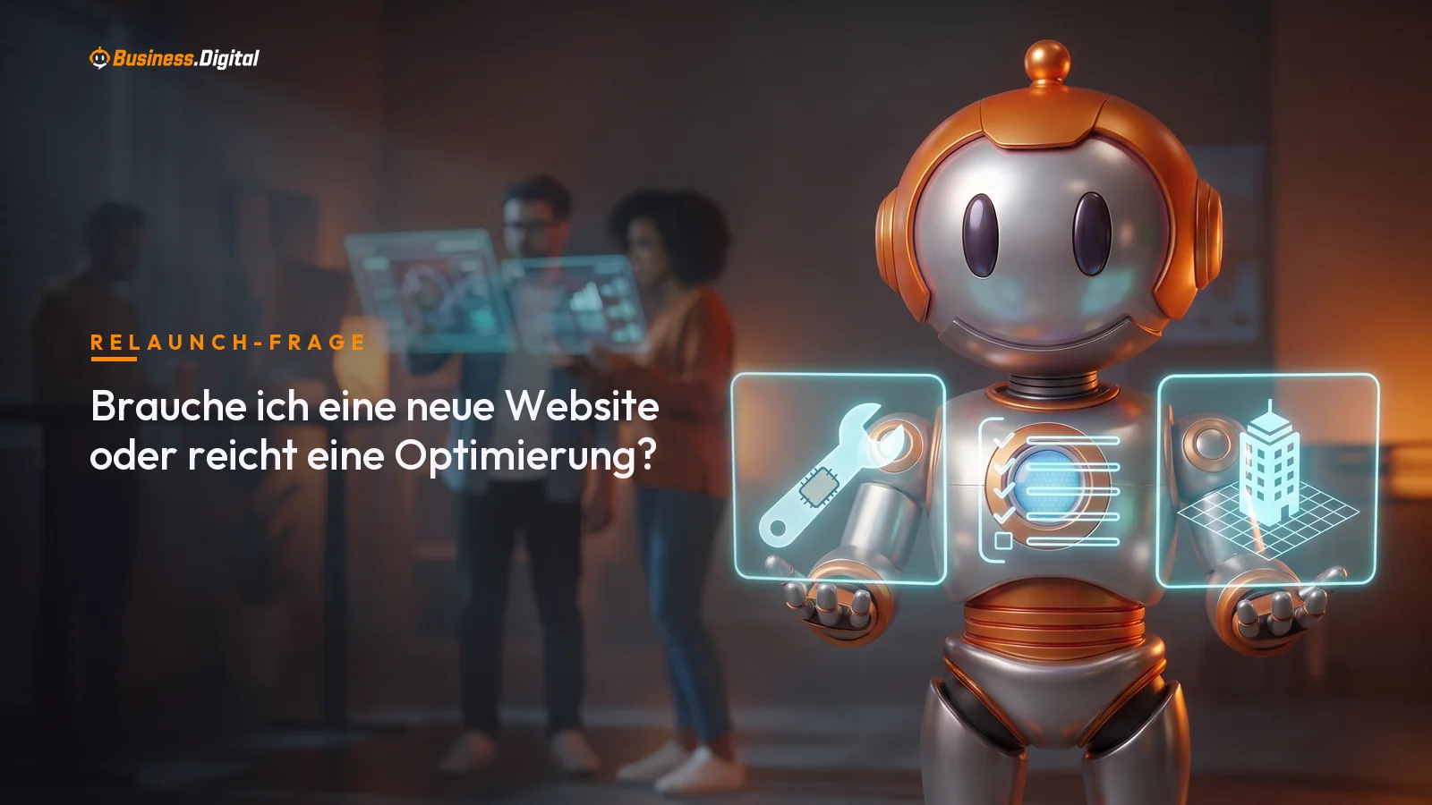 Roboter an einer Weggabelung zwischen geflickter und neuer Website – Relaunch oder Optimierung