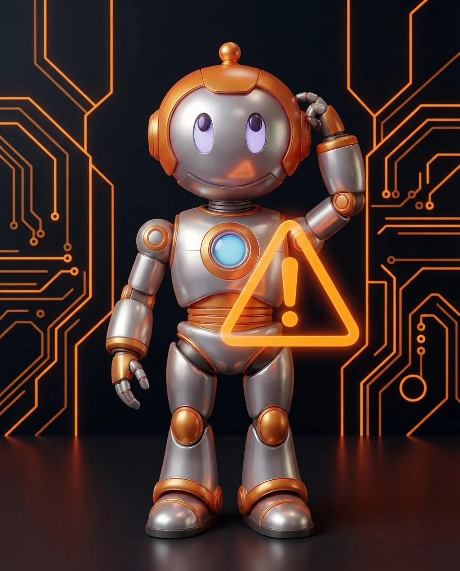 Roboter kratzt sich am Kopf vor Warnsymbol beim Website Projekt Fehler