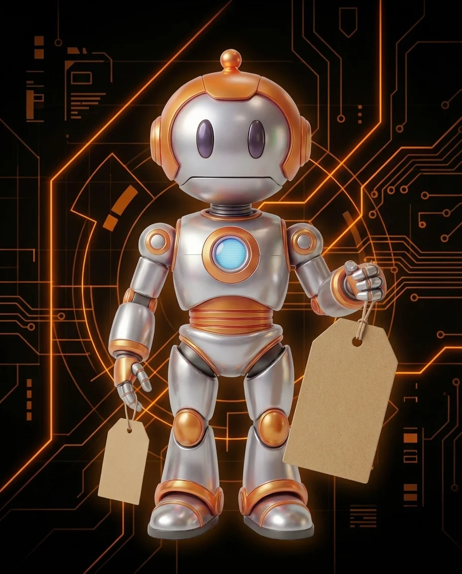 Roboter hält Preisschild und vergleicht Redesign vs Neubau Kosten Website