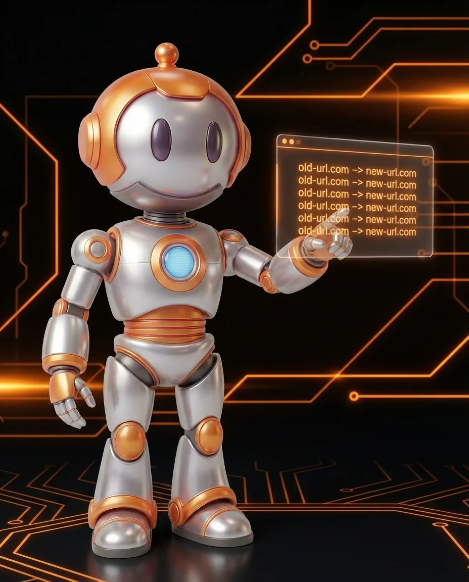 Roboter zeigt auf Redirect-Diagramm beim Website Relaunch SEO Planung