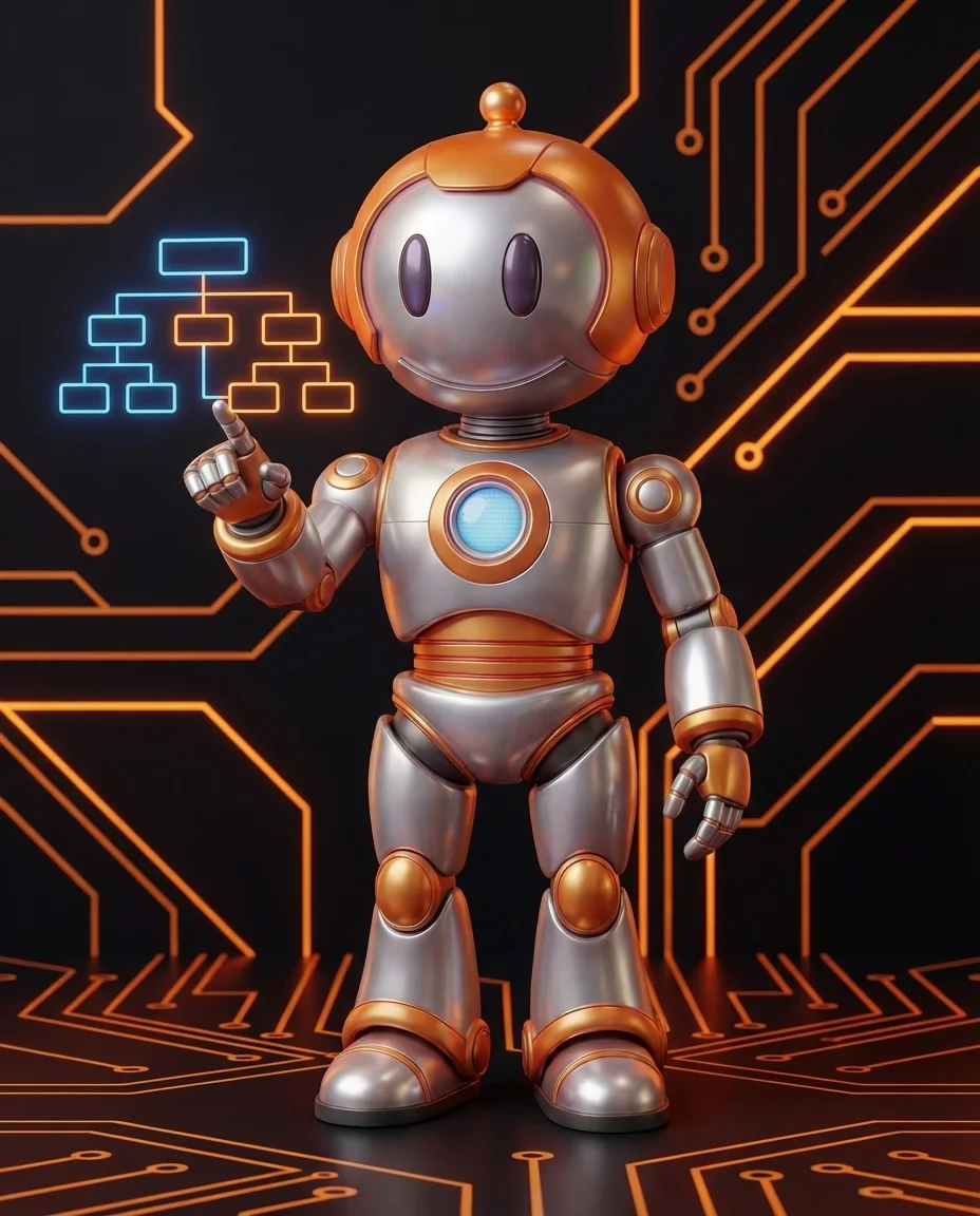 Roboter zeigt auf SEO-freundliche Website-Struktur mit Hierarchie-Diagramm