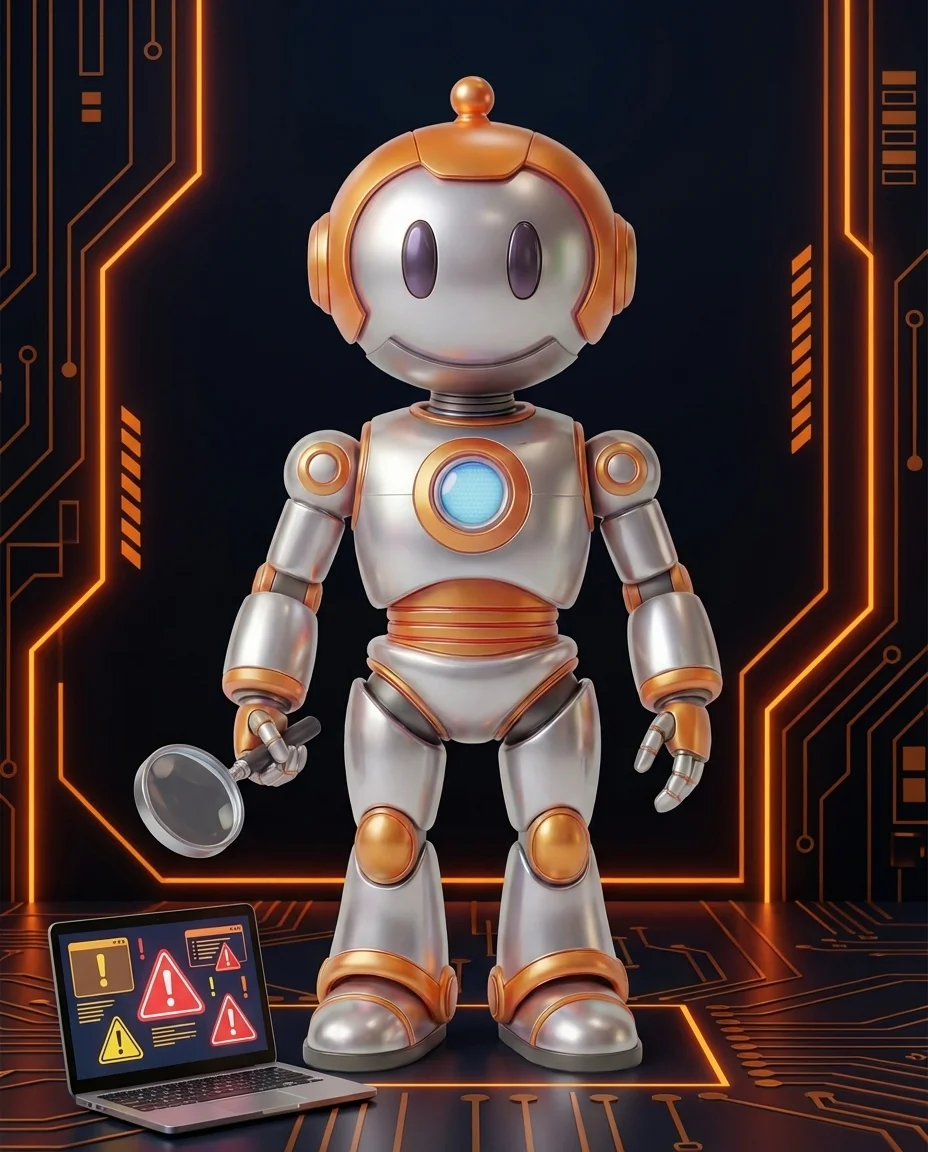 Roboter analysiert Website mit Laptop und zeigt auf Fehlermeldungen