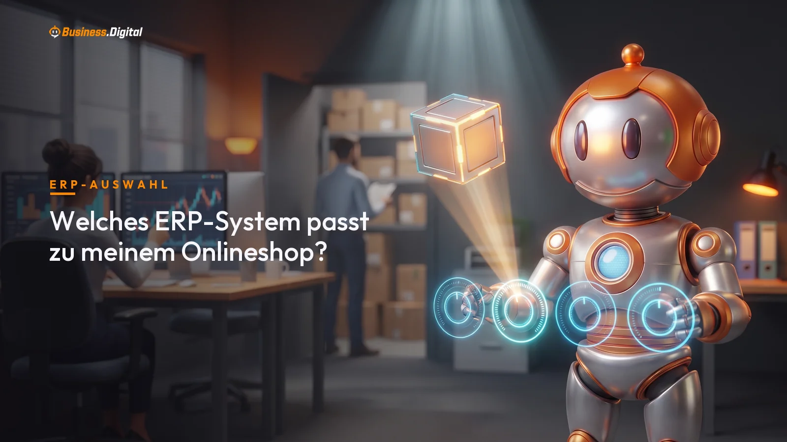Roboter dreht vier Kriterien-Regler, ein ERP-Würfel leuchtet auf – ERP-Auswahl für den Onlineshop