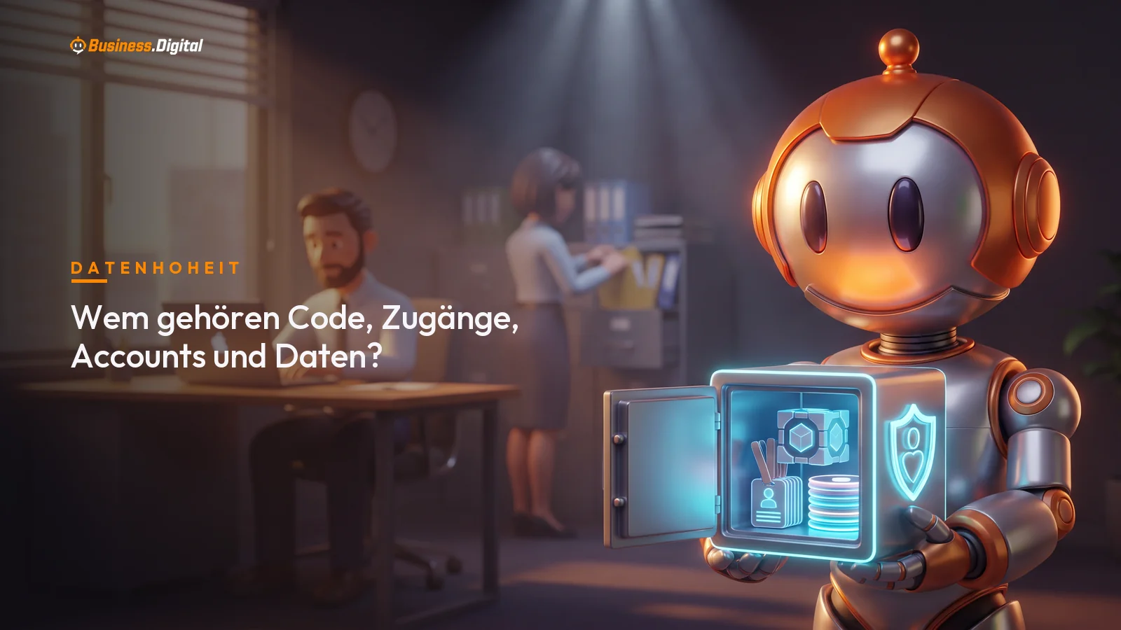 Roboter hält offenen Tresor mit Repository, Zugangsausweisen und Daten – wem Code und Daten gehören