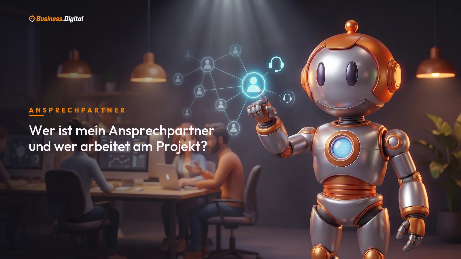 Roboter zeigt auf einen hell leuchtenden Avatar im Team-Netzwerk – fester Ansprechpartner im Projekt